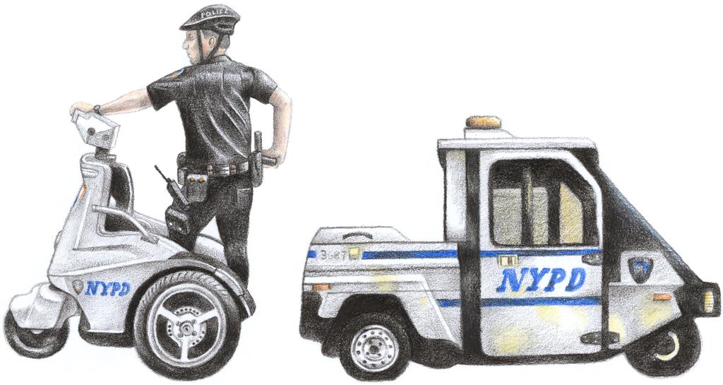 A coloured pencil drawings of a police Segway chariot and Ape 50 three wheeler.