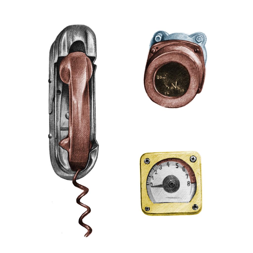 Coloured pencil drawings of a phone handset and various pieces of machinery.