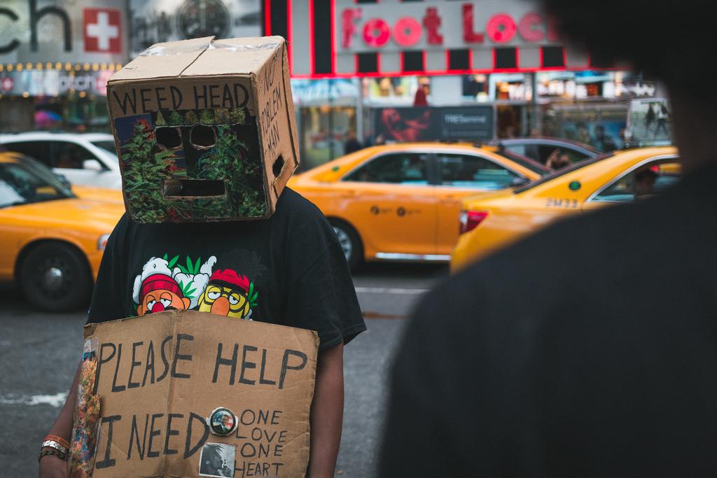 A man wearing a cardboard box on his head with attached photos of marijuana and the caption “Weed head”. On his chest, a cardboard sign reads “PLEASE HELP I NEED ONE LOVE ONE HEART”, with a pin of Barack Obama and sticker of Bob Marley smoking a doobie.