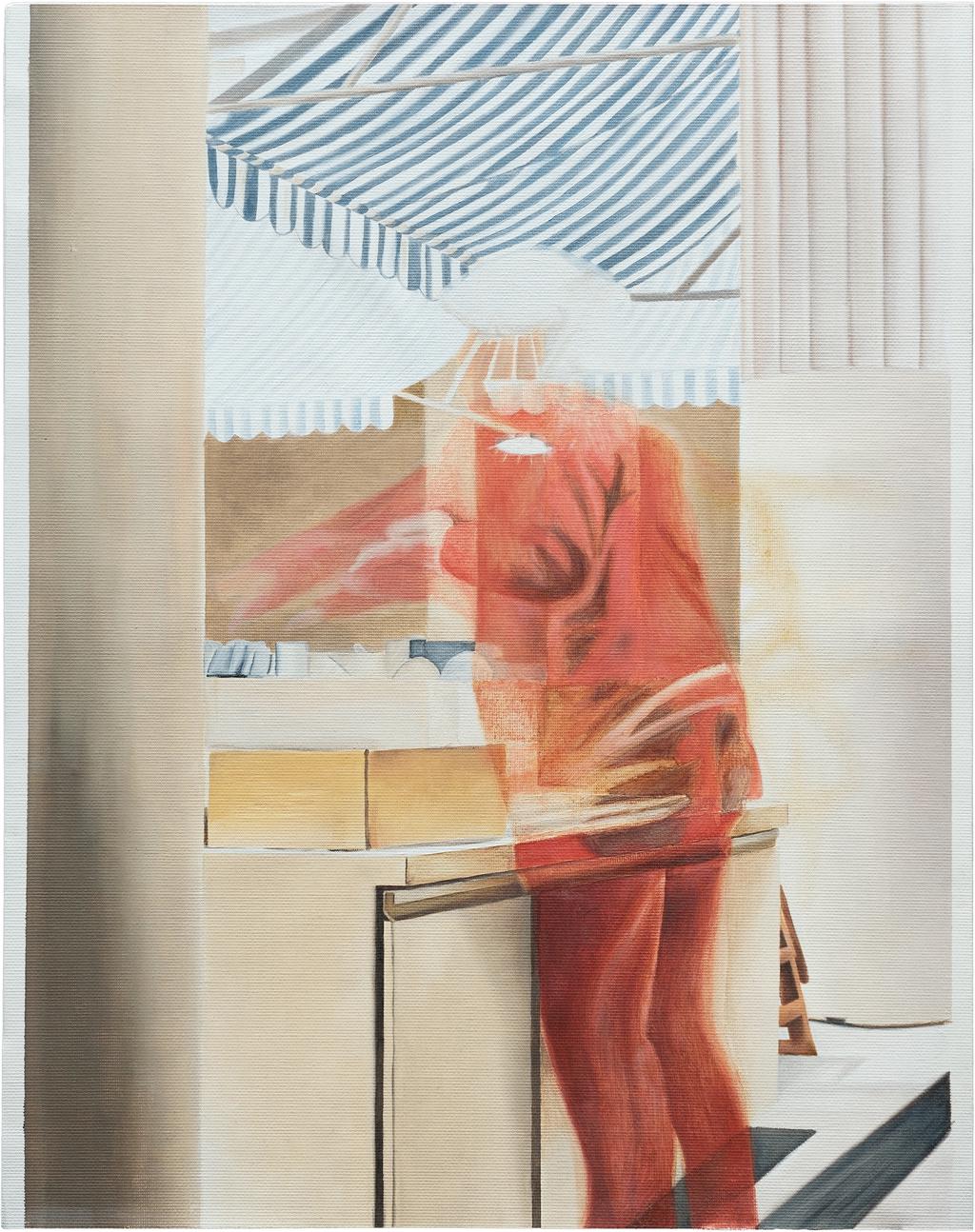 An oil painting of a long exposure photograph of a lady serving herself at the MOMA restaurant in New York.