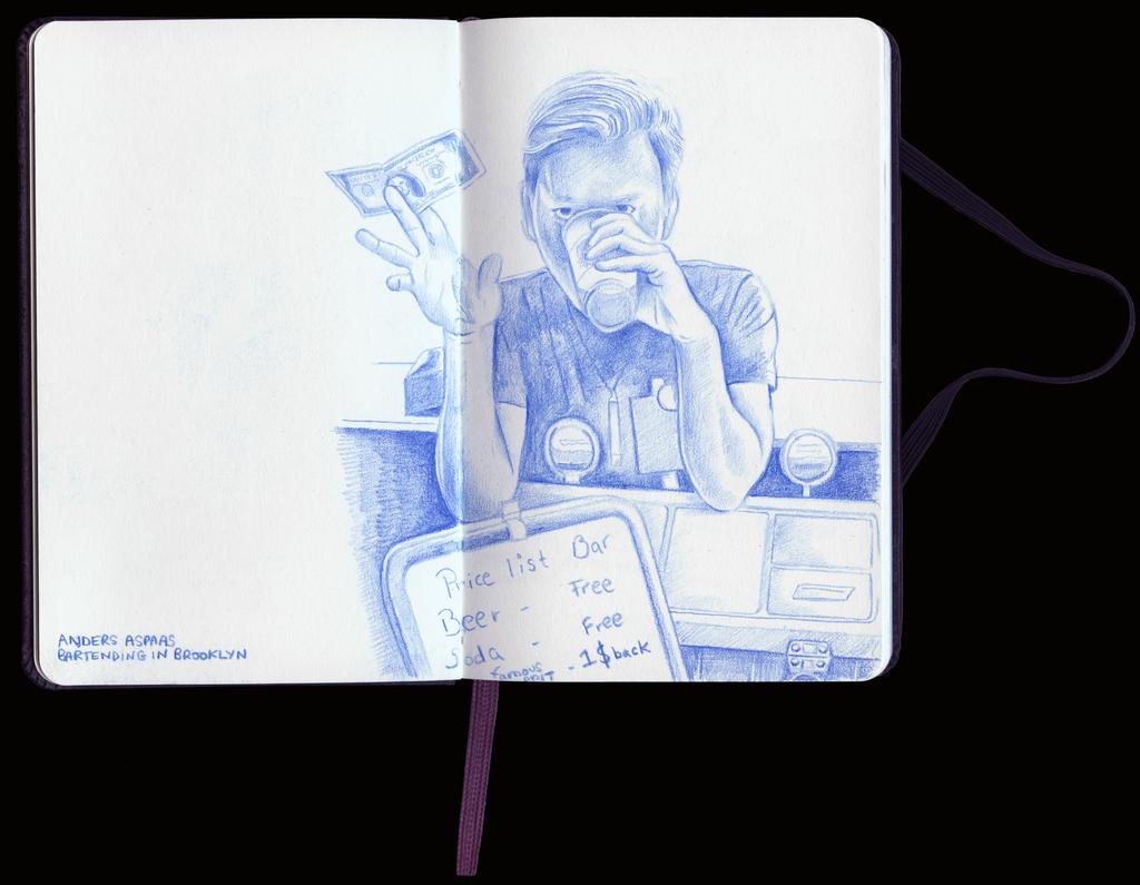 A blue pencil drawing in a sketchbook of Anders Aspaas, Netlife administration legend, bartending in Brooklyn. Notable for serving free drinks, but giving $1 back if you went for a “Pickleback” (don't ask).