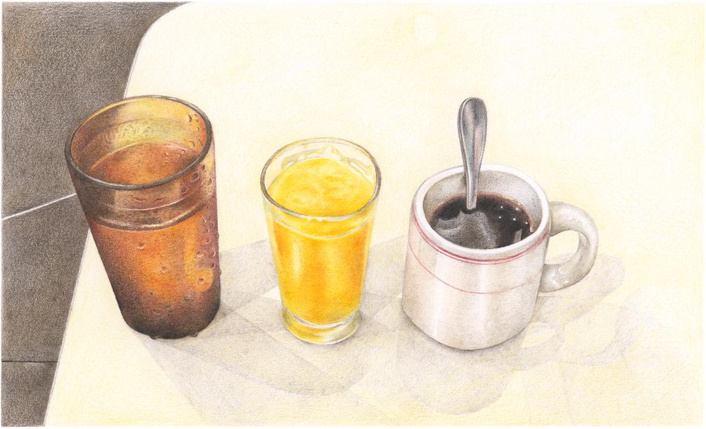 A detailed coloured pencil drawing of a glass of water, a glass of orange juice and a coffee on a diner table (this one took me a while 😅).