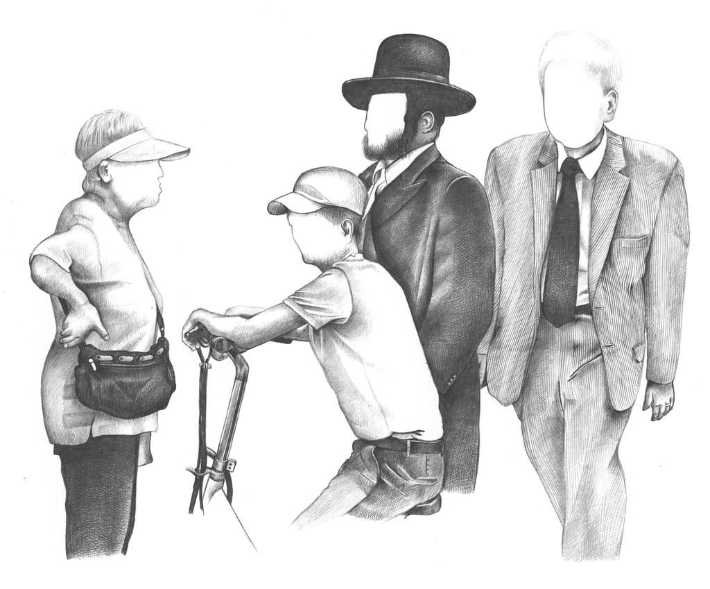 A detailed monochrome drawing of unrelated people from the streets of Midtown Manhattan.
