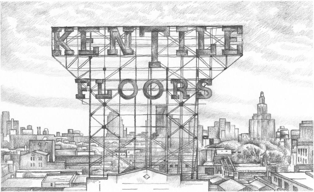 A monochrome, loosely detailed drawing of the Kentile Floors sign and its scaffolding, Brooklyn