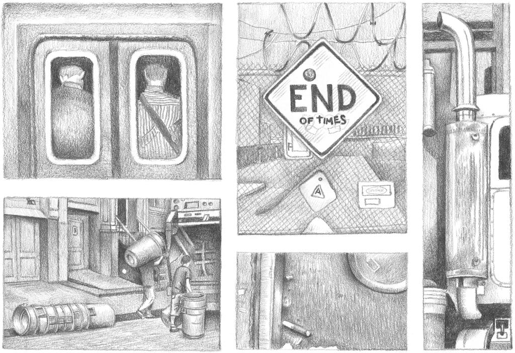 Various graphite pencil drawings in a comic style layout, including an 'END' traffic sign where someone has graffitied “OF TIMES”, people emptying trash cans, a discarded cigarette butt in the curb and a truck’s exhaust pipe.
