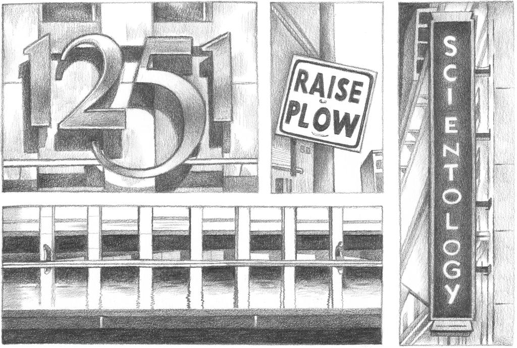 Monochrome drawings from Midtown manhattan - typography details from building 1251, a Raise plaw sign and a Scientology center