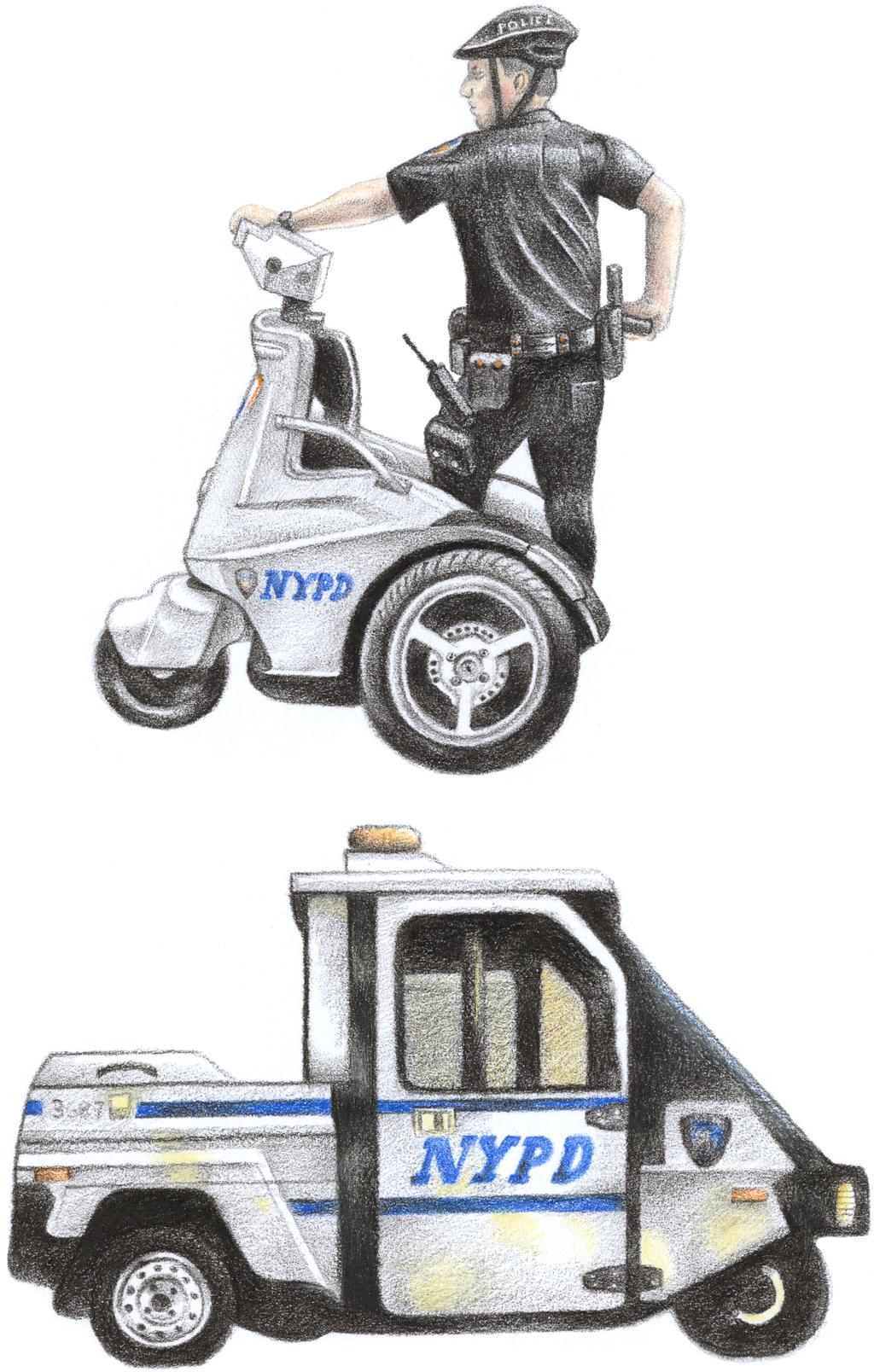 A coloured pencil drawings of a police Segway chariot and Ape 50 three wheeler.