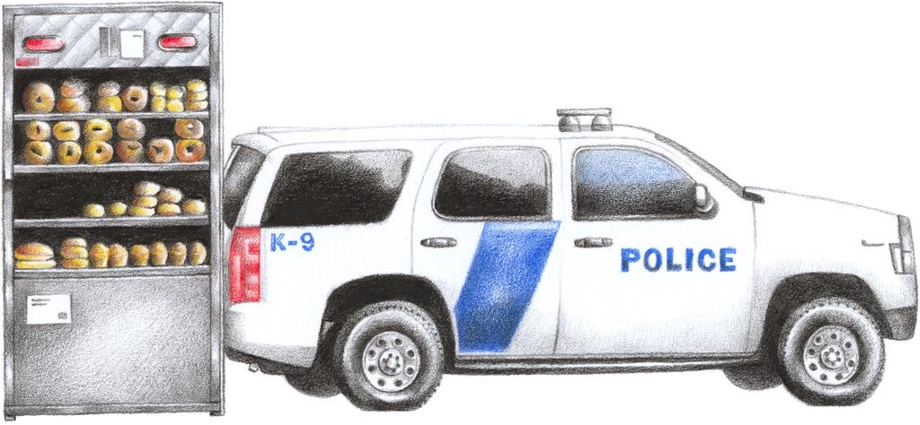 A coloured pencil drawing of a police truck parked next to a donut stand, naturally 😈