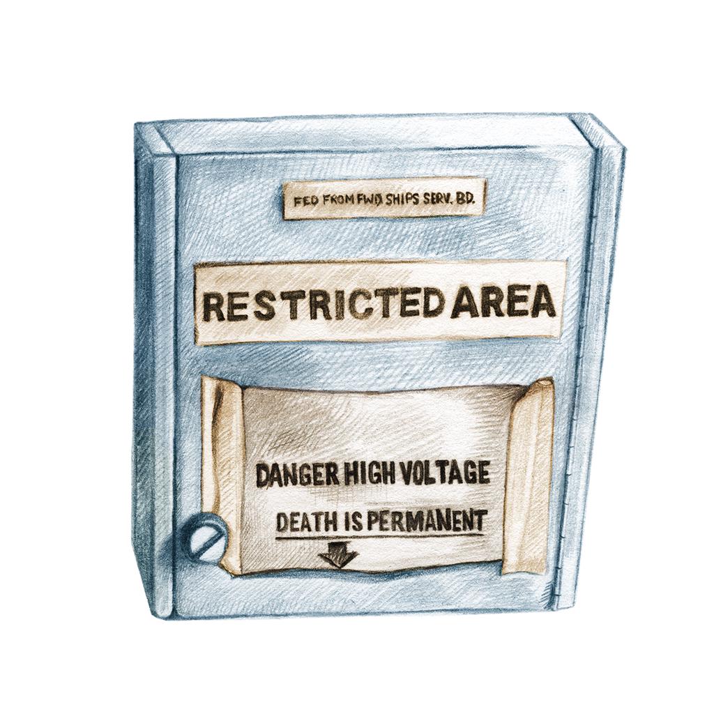 A coloured pencil drawing of a box, with handwritten signs reading: “RESTRICTED AREA, DANGER HIGH VOLTAGE, DEATH IS PERMANENT”.