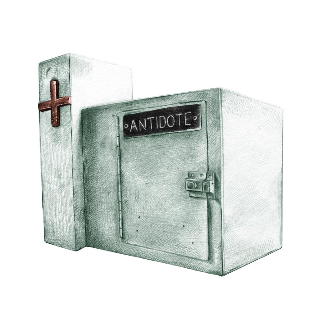 A coloured pencil drawing of a medical cabinet with the word “ANTIDOTE” printed on a label.