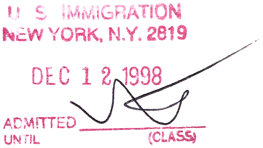 A scan of my Passport NYC entry stamp in December 1998.