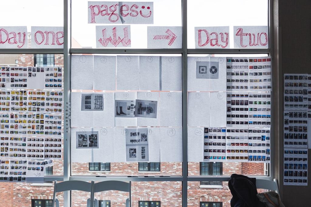 Photo thumbnails and spread planning on the windows at our loft space